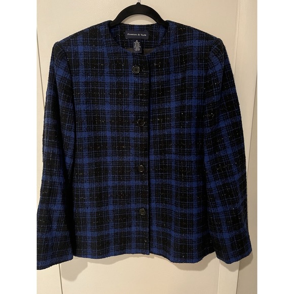 Preston & York Metallic Thread Wool Tweed Blazer 16 Blue Black Button - Picture 1 of 4